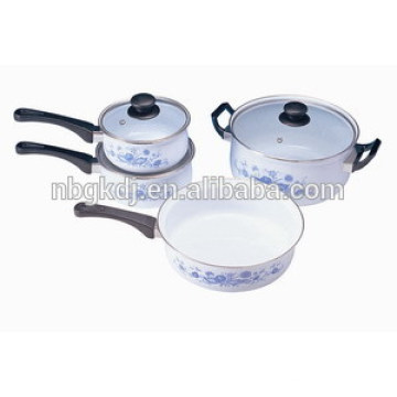 enamel casserole&enamel saucepan&enamel frypan with glass lids& bakelite handles